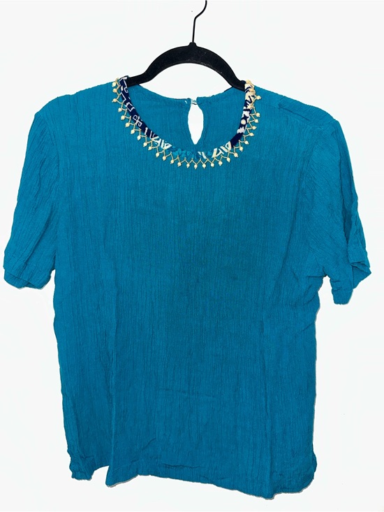 None Tops - Women's Teal Short-Sleeve Embellished Neck Top